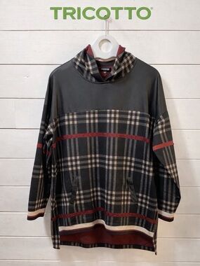 TRICOTTO Black Plaid Hooded Tunic Sweater – Burgundy Accents – Size L